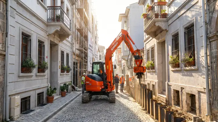 Muğla Palplanş: dar sokakta kontrollü kazı çalışması